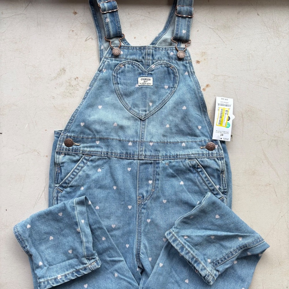 OshKosh‎ Bgosh Girls 3T Heart Print Denim Overalls Light Wash Blue OKT1239B3-SS1